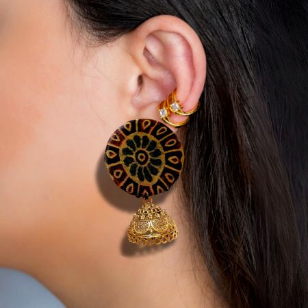 Dark Green Printed Earrings With Golden Bottom